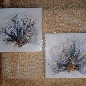 Wall Art Set of 2 Unframed CANVASES, ABSTRACT CORAL, BLUE & GOLD